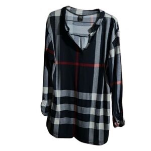 #436 Win Win Plaid Button Sleeve Flannel V-Neck Tunic Size L/XL Blue White Red